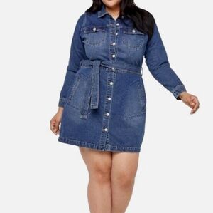 JUST FAB DARK WASH BELTED BUTTON UP DENIM JACKET DRESS